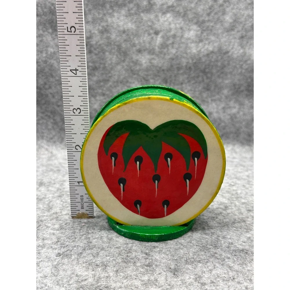 Vintage Strawberry Wooden Coaster Set with Holder Hand Painted Folk Art 7pc